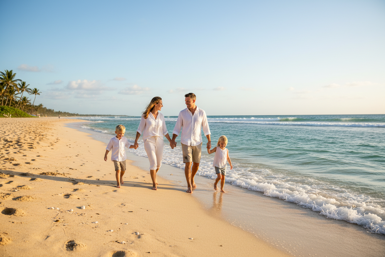 imagen natural de playa con colores del logo, incluir una famillia feliz. 